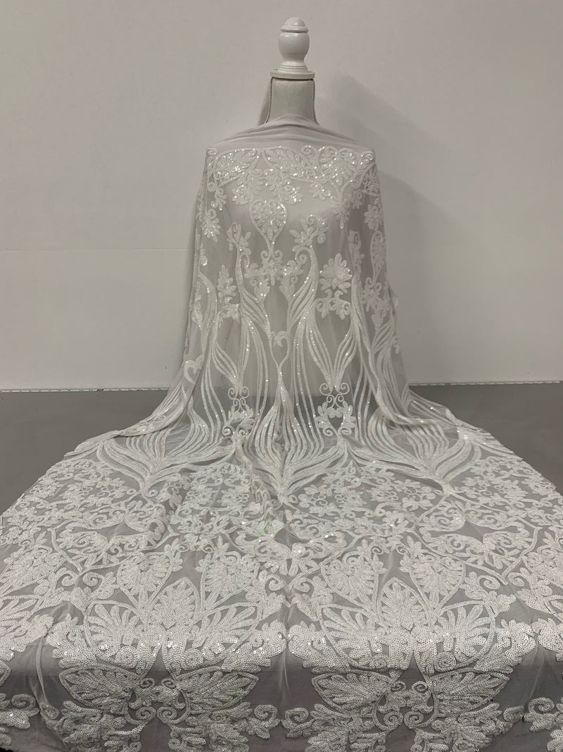 Kara WHITE Hearts and Flowers Sequins on Mesh Lace Fabric by the Yard - 10148