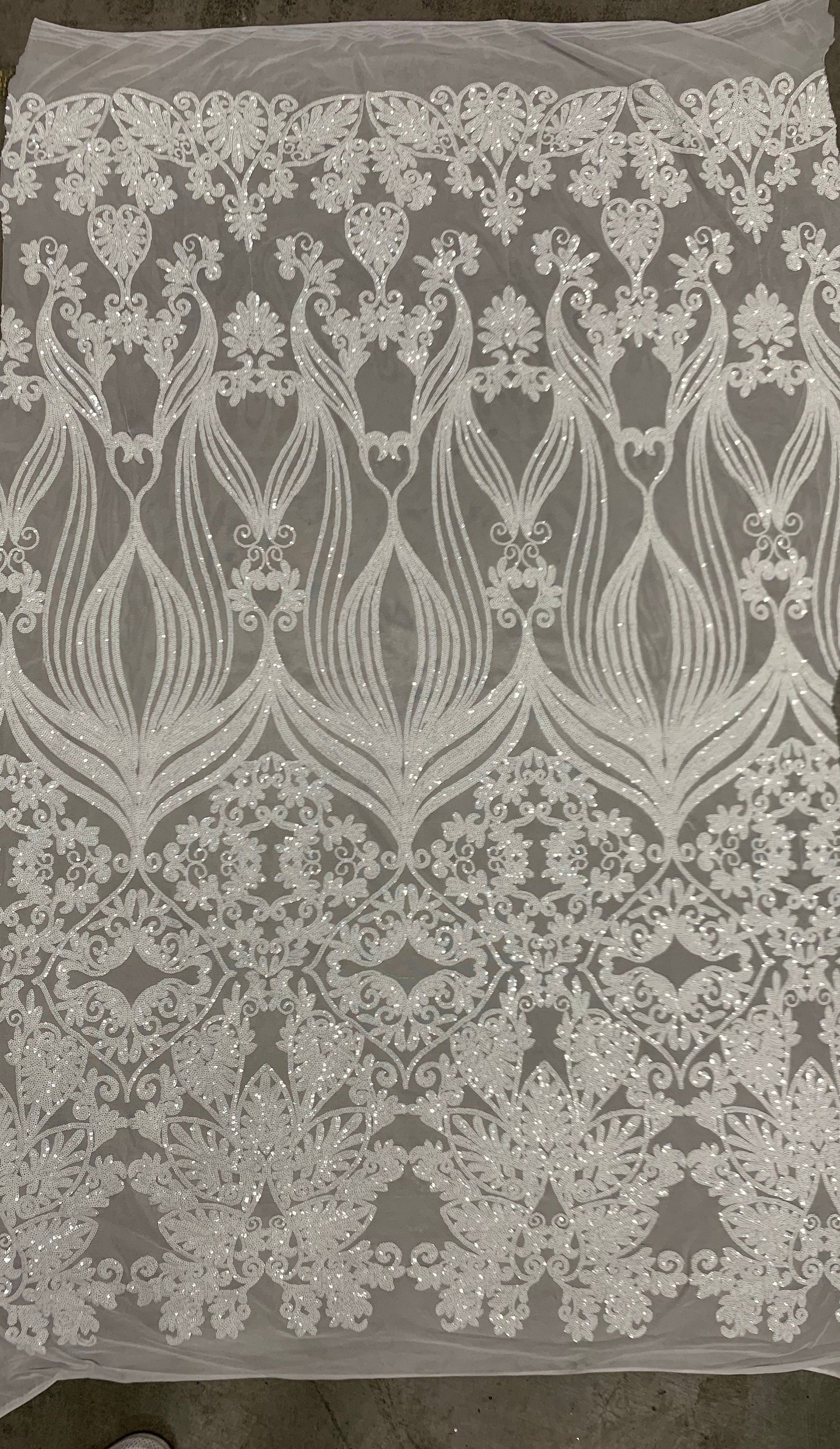 Kara WHITE Hearts and Flowers Sequins on Mesh Lace Fabric by the Yard - 10148