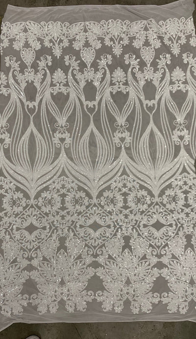 Kara WHITE Hearts and Flowers Sequins on Mesh Lace Fabric by the Yard - 10148