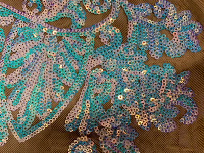 Kara Iridescent WHITE BLUE Hearts and Flowers Sequins on NUDE Mesh Lace Fabric by the Yard - 10148