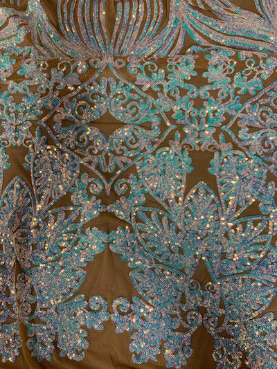 Kara Iridescent WHITE BLUE Hearts and Flowers Sequins on NUDE Mesh Lace Fabric by the Yard - 10148