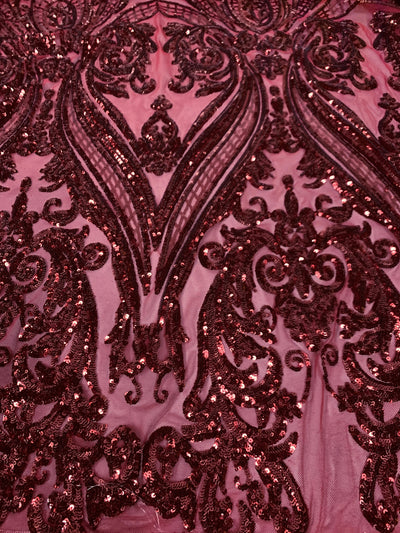Alaina BURGUNDY Curlicue Sequins on Mesh Lace Fabric by the Yard - 10018