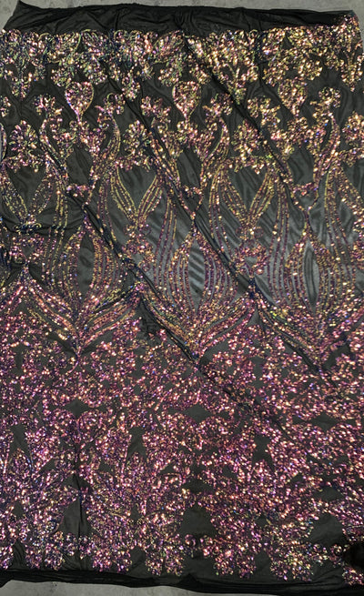 Kara RAINBOW Hearts and Flowers Sequins on Mesh Lace Fabric by the Yard - 10148