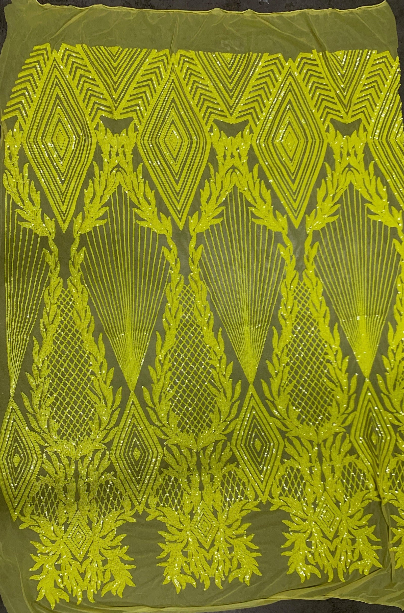 Francesca BRIGHT YELLOW Vines and Diamonds Pattern Sequins on Mesh Lace Fabric by the Yard - 10130