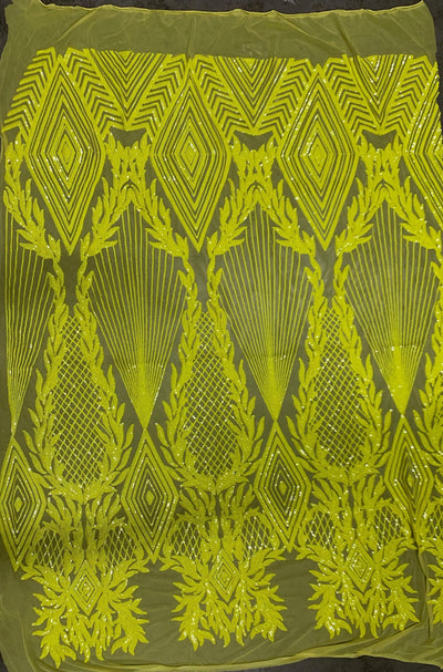 Francesca BRIGHT YELLOW Vines and Diamonds Pattern Sequins on Mesh Lace Fabric by the Yard - 10130