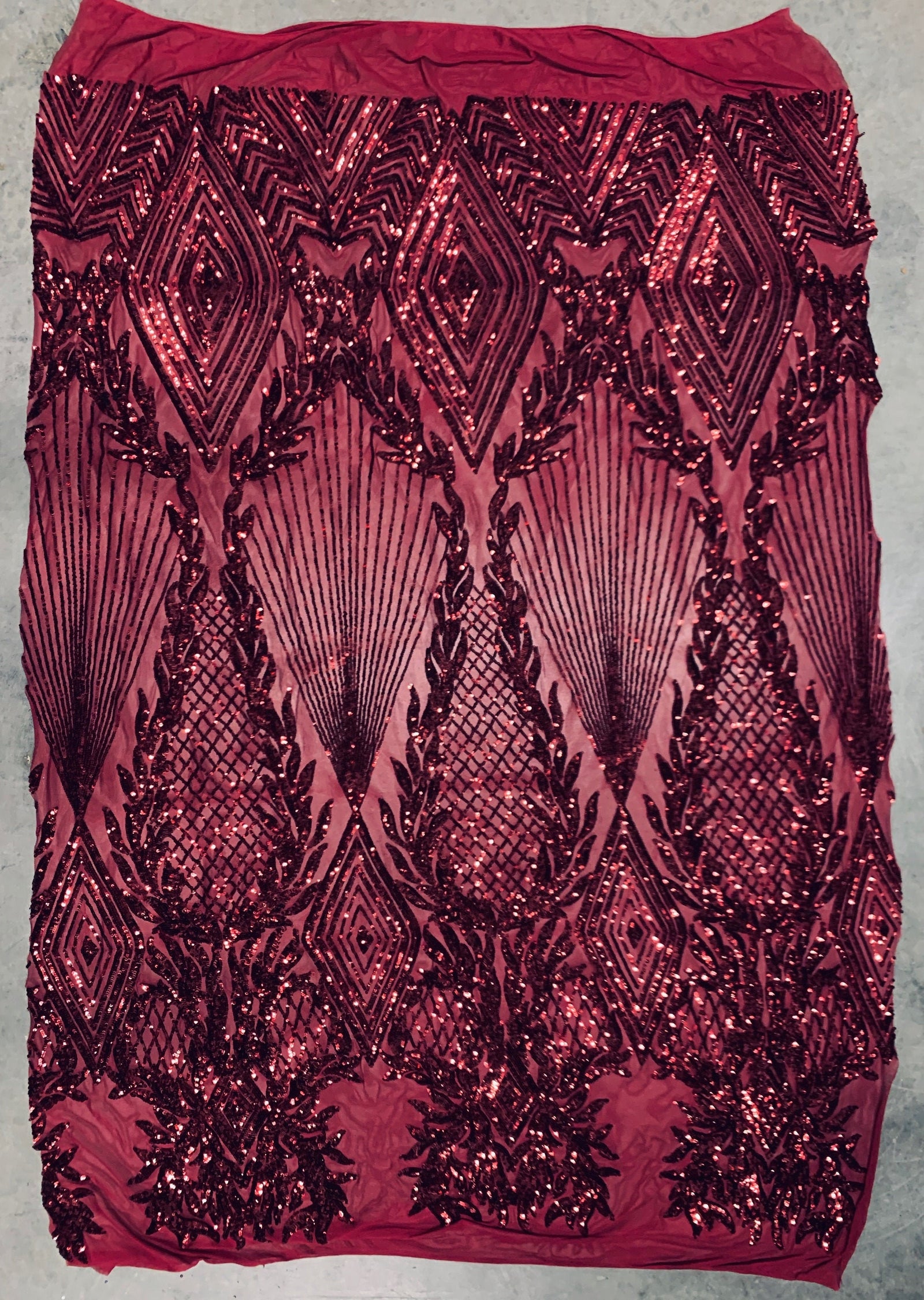 Francesca BURGUNDY Vines and Diamonds Pattern Sequins on Mesh Lace Fabric by the Yard - 10130