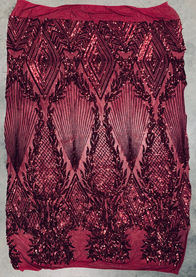 Francesca BURGUNDY Vines and Diamonds Pattern Sequins on Mesh Lace Fabric by the Yard - 10130