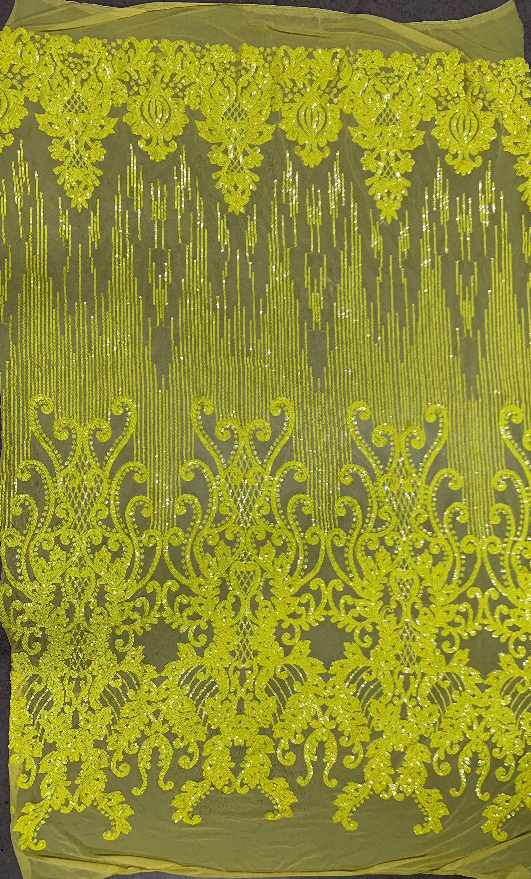Angelica BRIGHT YELLOW Curlicues and Leaves Sequins on Mesh Lace Fabric by the Yard - 10132