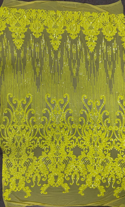 Angelica BRIGHT YELLOW Curlicues and Leaves Sequins on Mesh Lace Fabric by the Yard - 10132