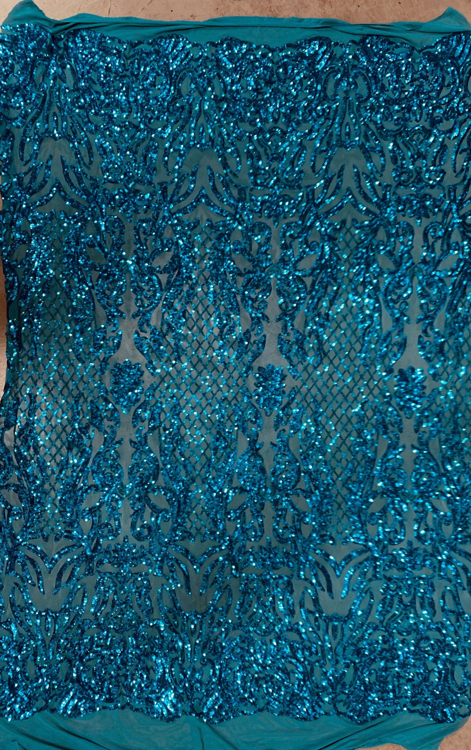 Phoebe TURQUOISE Sequins on Mesh Lace Fabric by the Yard - 10062