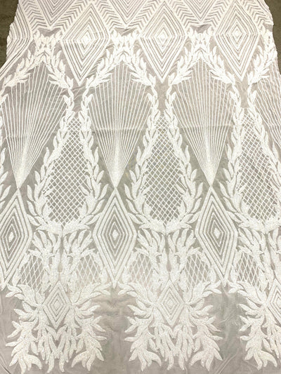 Francesca WHITE Vines and Diamonds Pattern Sequins on Mesh Lace Fabric by the Yard - 10130