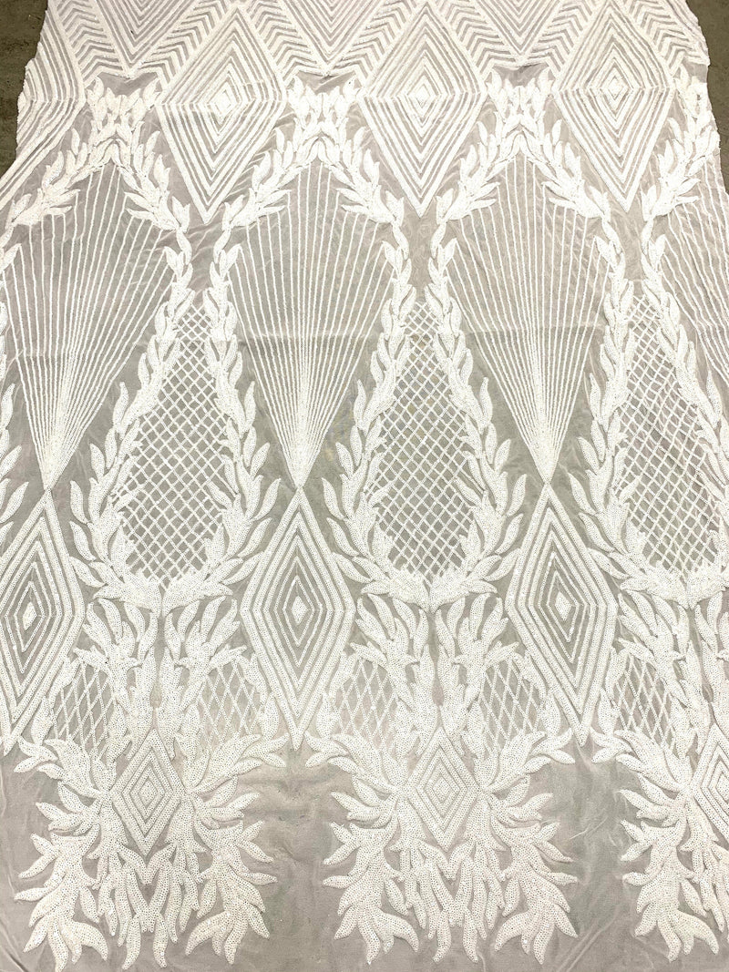 Francesca WHITE Vines and Diamonds Pattern Sequins on Mesh Lace Fabric by the Yard - 10130