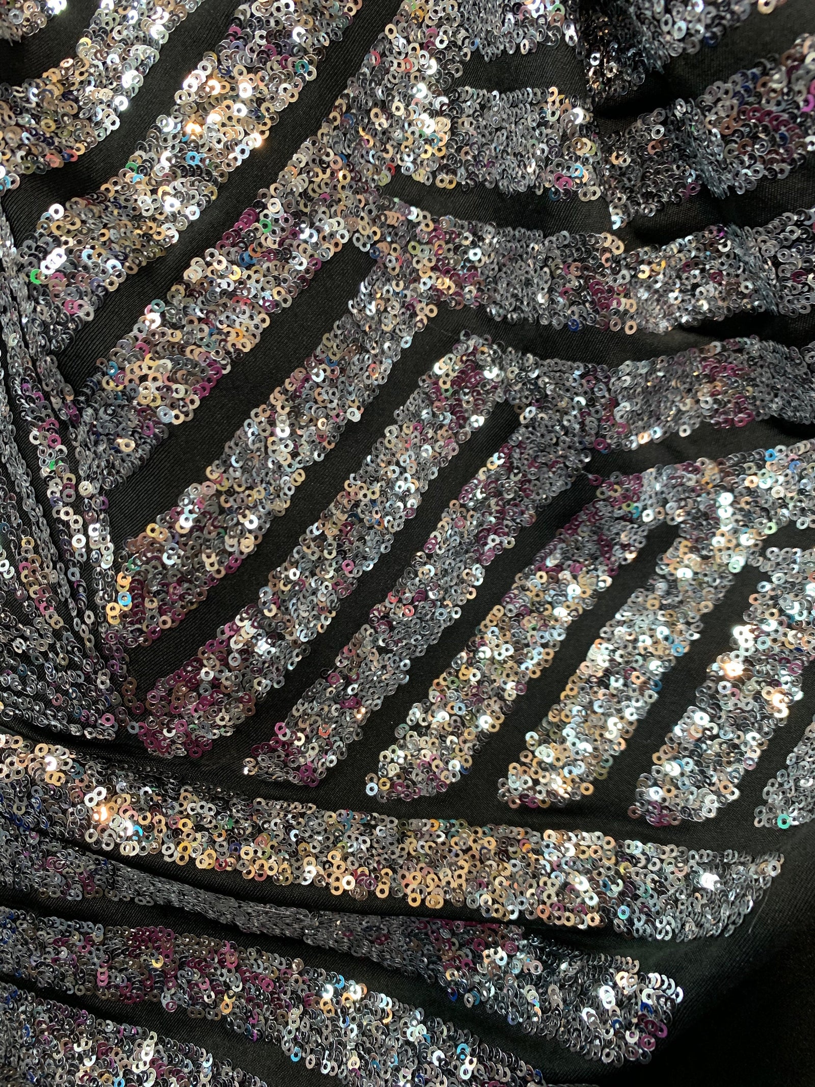 Thea SILVER Geometric Sequins Diamond & Stripes on BLACK Poly Spandex Fabric by the Yard - 10026
