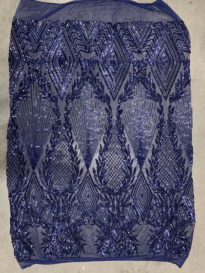 Francesca NAVY BLUE Vines and Diamonds Pattern Sequins on Mesh Lace Fabric by the Yard - 10130
