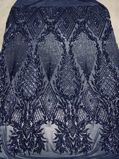 Francesca NAVY BLUE Vines and Diamonds Pattern Sequins on Mesh Lace Fabric by the Yard - 10130
