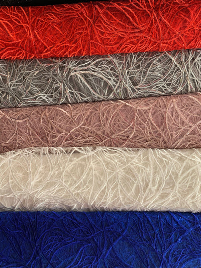 Julie RED Polyester Filament Pattern with Sequins on Mesh Lace Fabric by the Yard for Gown, Wedding, Bridesmaid, Prom - 10154