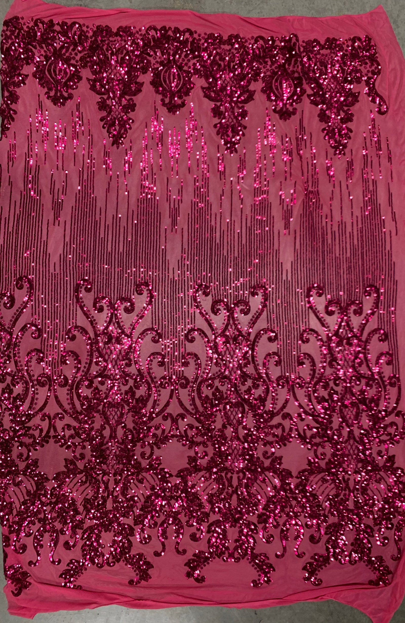 Angelica FUCHSIA Curlicues and Leaves Sequins on Mesh Lace Fabric by the Yard - 10132