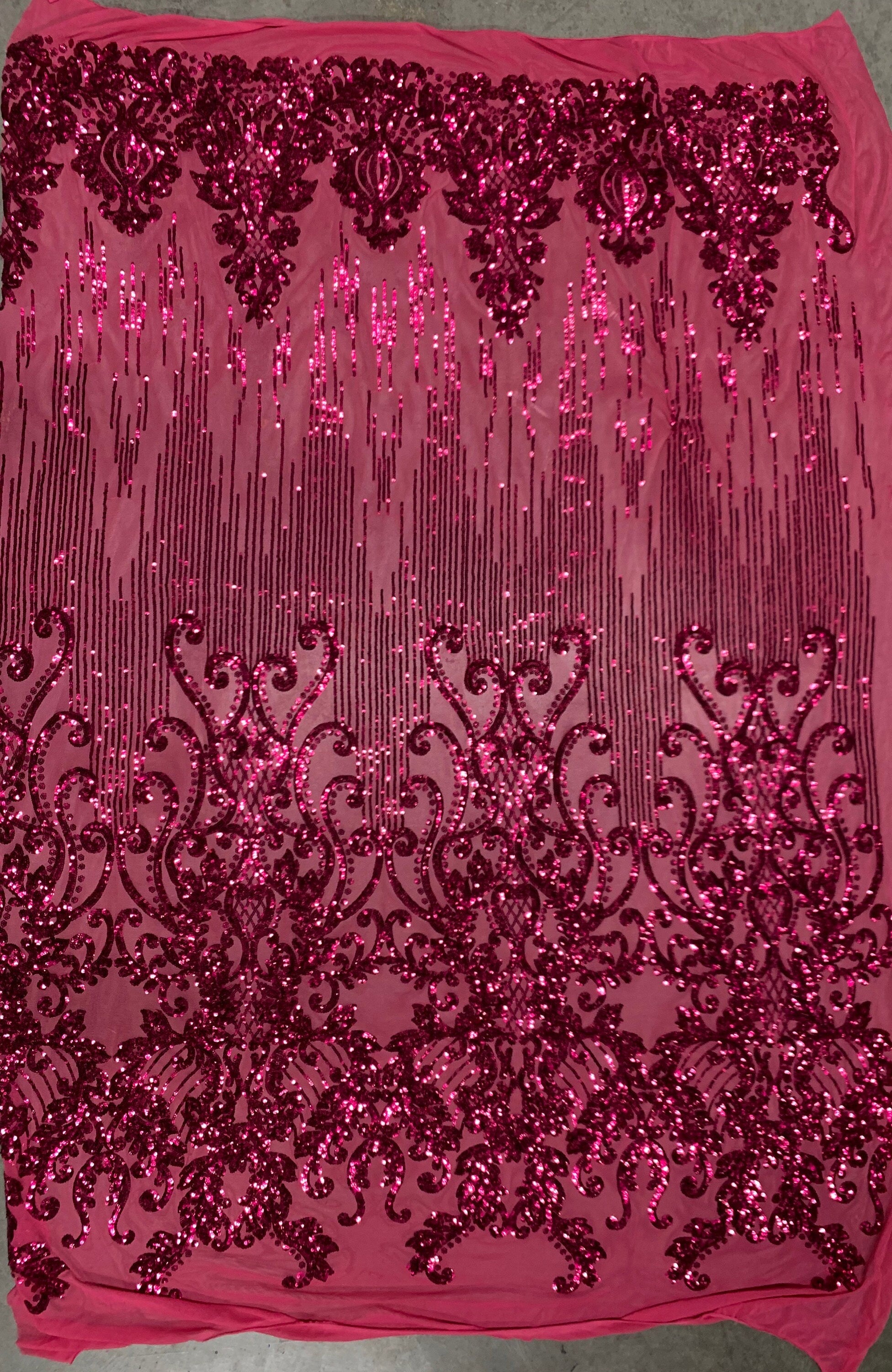 Angelica FUCHSIA Curlicues and Leaves Sequins on Mesh Lace Fabric by the Yard - 10132