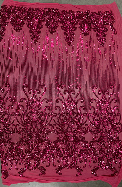 Angelica FUCHSIA Curlicues and Leaves Sequins on Mesh Lace Fabric by the Yard - 10132