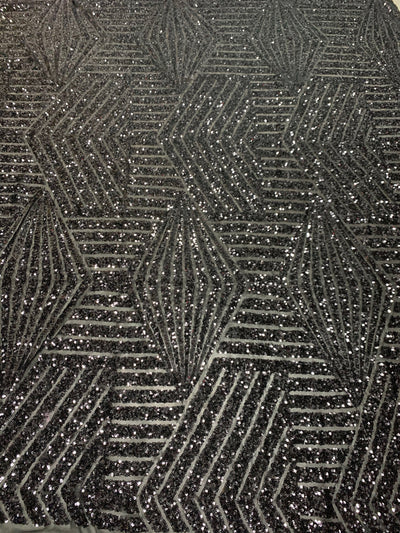 Thea BLACK Geometric Sequins Diamond & Stripes on Mesh Lace Fabric by the Yard - 10026