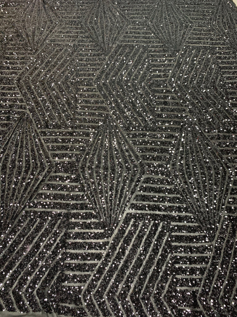 Thea BLACK Geometric Sequins Diamond & Stripes on Mesh Lace Fabric by the Yard - 10026