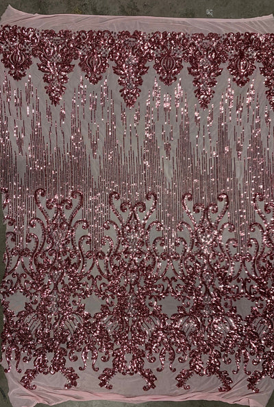Angelica DUSTY PINK Curlicues and Leaves Sequins on Mesh Lace Fabric by the Yard - 10132