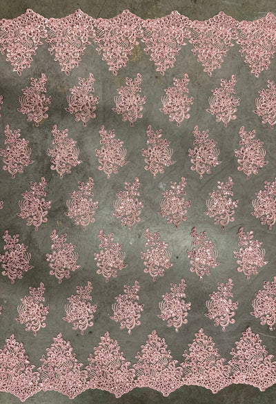 Brianna PINK Polyester Floral Embroidery with Sequins on Mesh Lace Fabric by the Yard - 10020