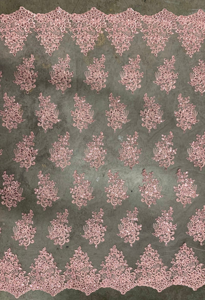Brianna PINK Polyester Floral Embroidery with Sequins on Mesh Lace Fabric by the Yard - 10020