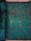 Alaina IRIDESCENT GREEN BLUE Mermaid Curlicue Sequins on Mesh Lace Fabric by the Yard - 10018