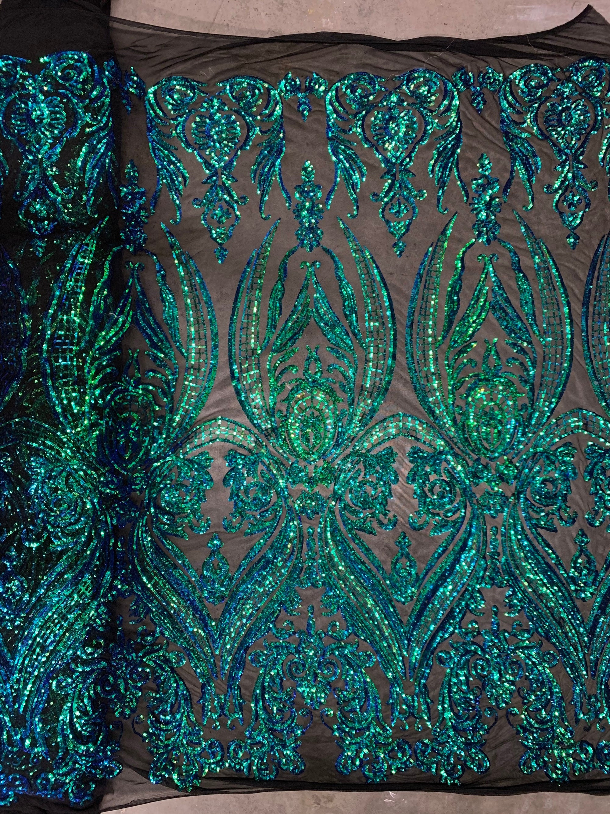 Alaina IRIDESCENT GREEN BLUE Mermaid Curlicue Sequins on Mesh Lace Fabric by the Yard - 10018