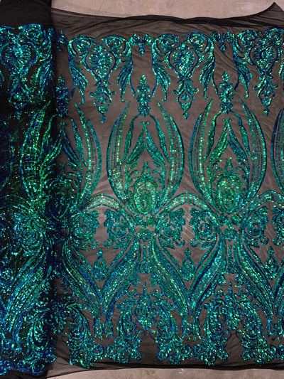 Alaina IRIDESCENT GREEN BLUE Mermaid Curlicue Sequins on Mesh Lace Fabric by the Yard - 10018