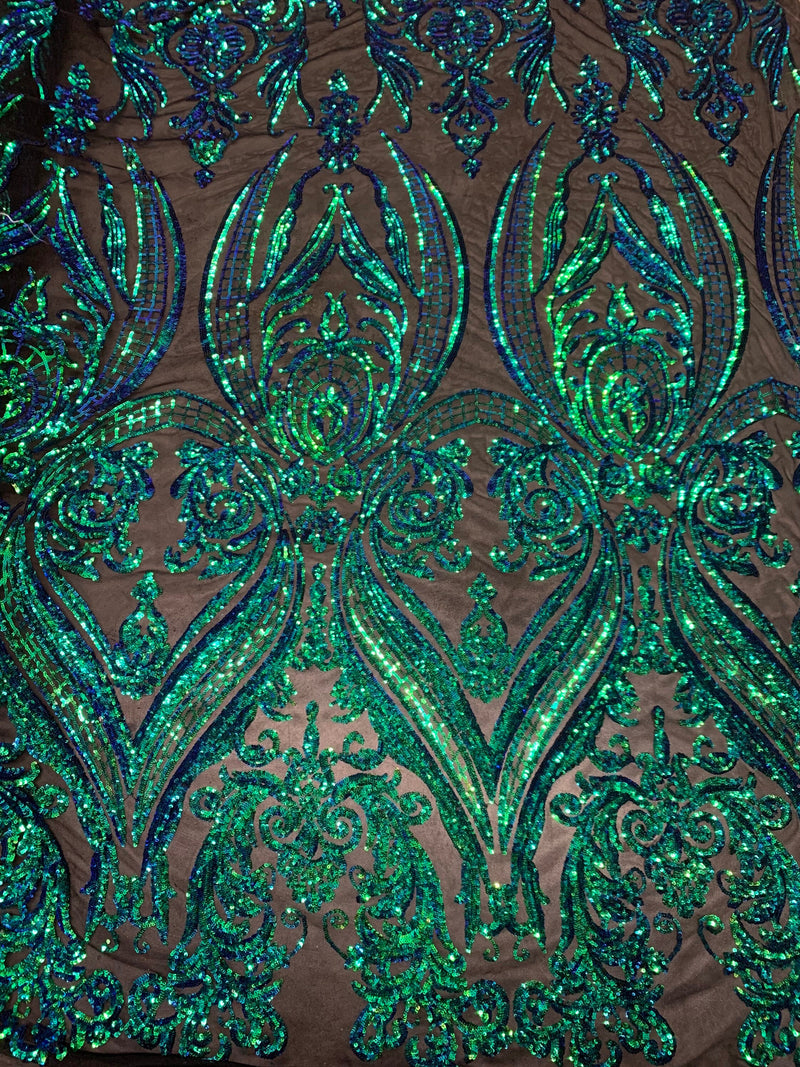 Alaina IRIDESCENT GREEN BLUE Mermaid Curlicue Sequins on Mesh Lace Fabric by the Yard - 10018