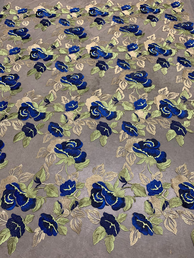 Priscilla ROYAL BLUE GOLD Floral and Leaves Embroidery on Mesh Lace Fabric by the Yard - 10157