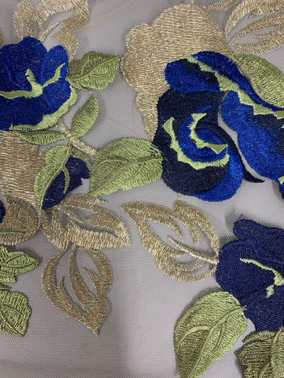 Priscilla ROYAL BLUE GOLD Floral and Leaves Embroidery on Mesh Lace Fabric by the Yard - 10157