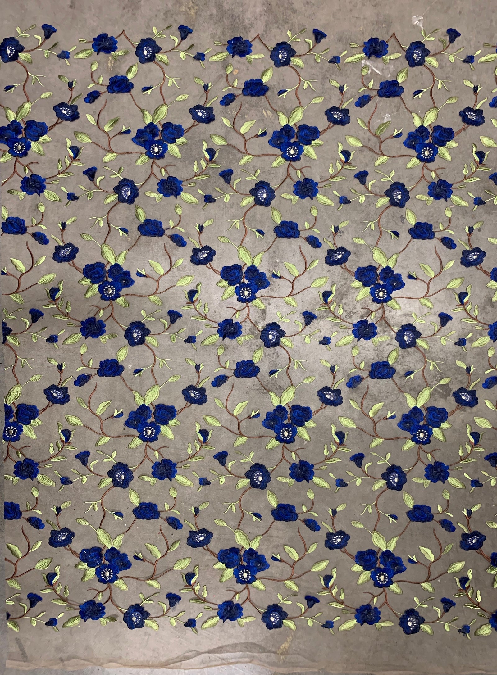 Marilyn ROYAL BLUE Floral and Leaves Embroidery on Mesh Lace Fabric by the Yard - 10158