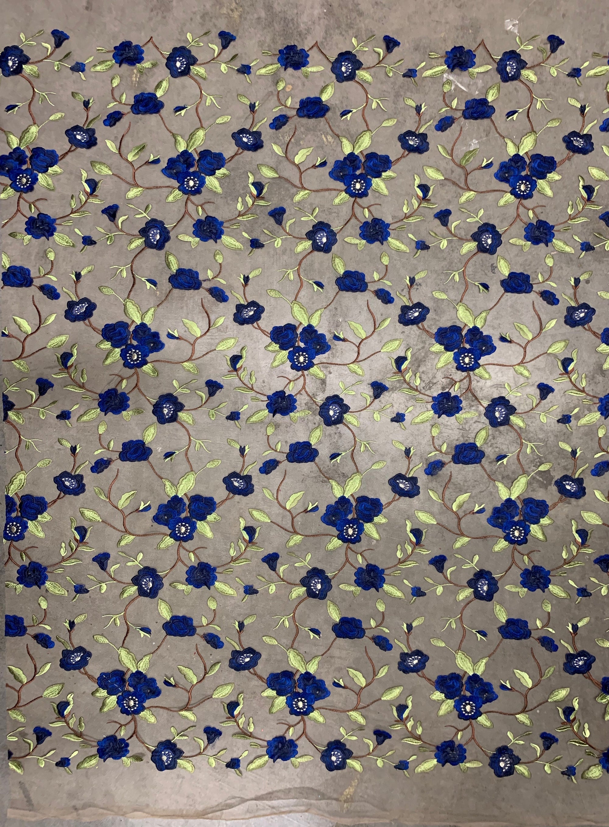 Marilyn ROYAL BLUE Floral and Leaves Embroidery on Mesh Lace Fabric by the Yard - 10158