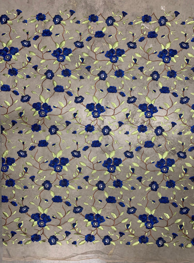 Marilyn ROYAL BLUE Floral and Leaves Embroidery on Mesh Lace Fabric by the Yard - 10158