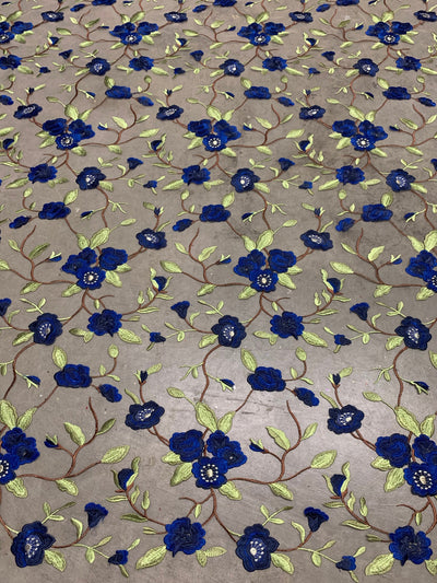 Marilyn ROYAL BLUE Floral and Leaves Embroidery on Mesh Lace Fabric by the Yard - 10158