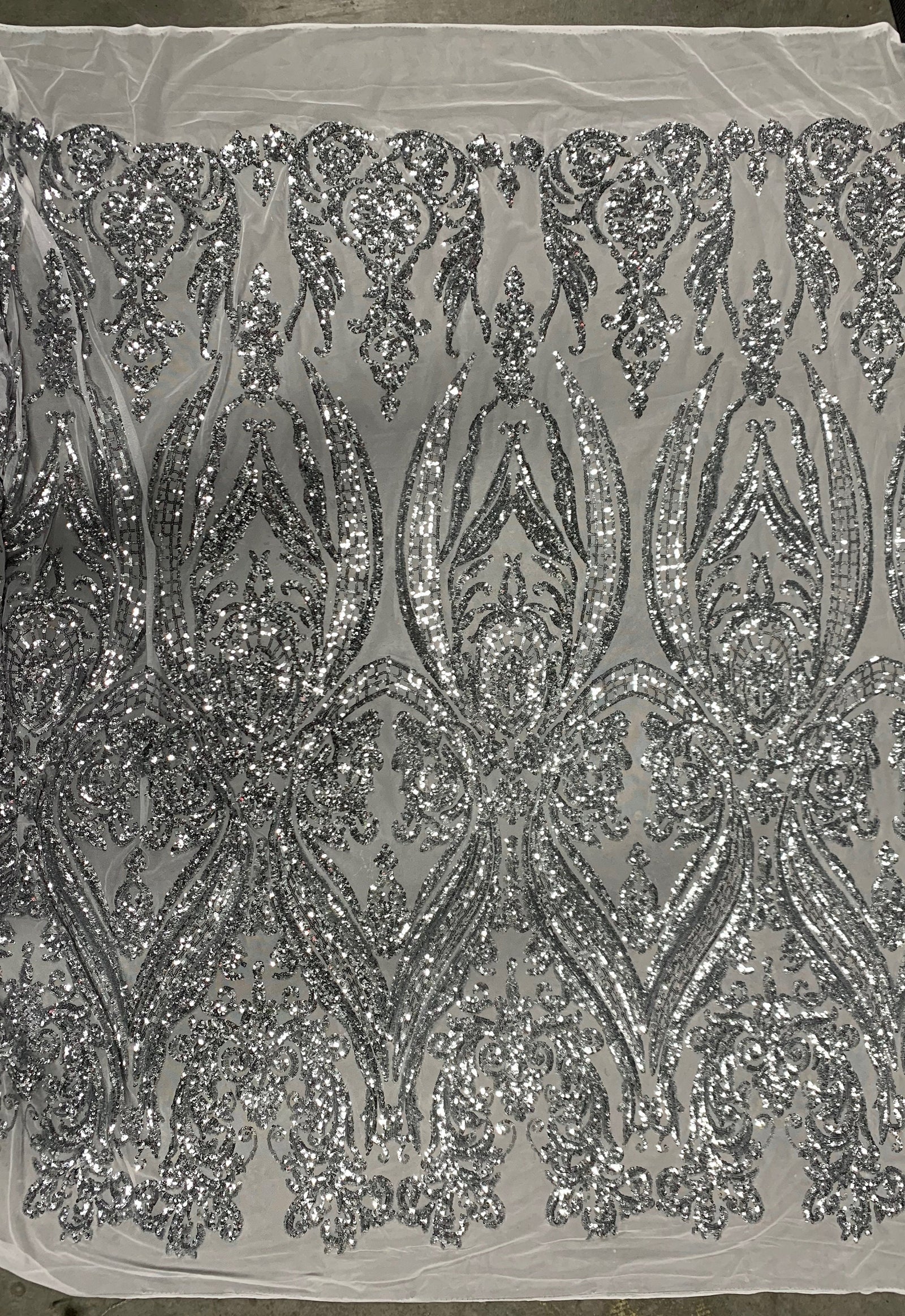 Alaina SILVER Curlicue Sequins on WHITE Mesh Lace Fabric by the Yard - 10018