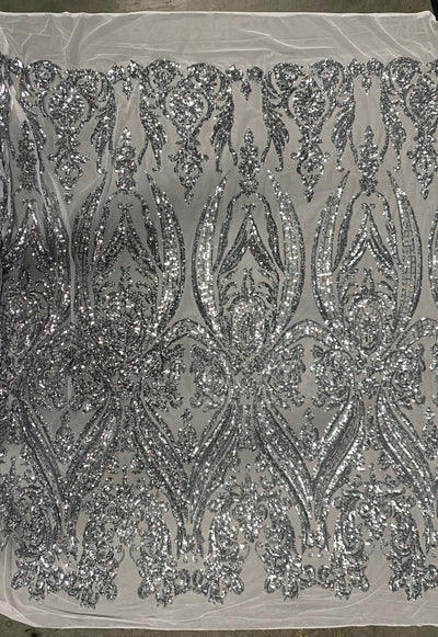 Alaina SILVER Curlicue Sequins on WHITE Mesh Lace Fabric by the Yard - 10018