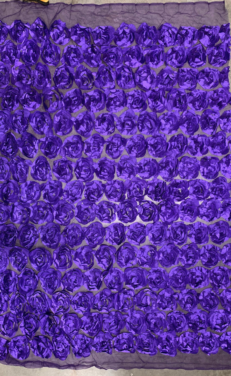 Maci PURPLE 3D Floral Polyester Satin Rosette on Mesh Fabric by the Yard - 10057