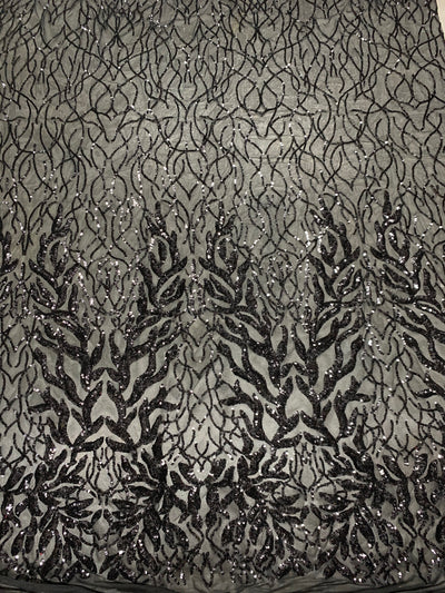Frances BLACK Vines and Leaves Sequins on BLACK Mesh Lace Fabric by the Yard - 10153
