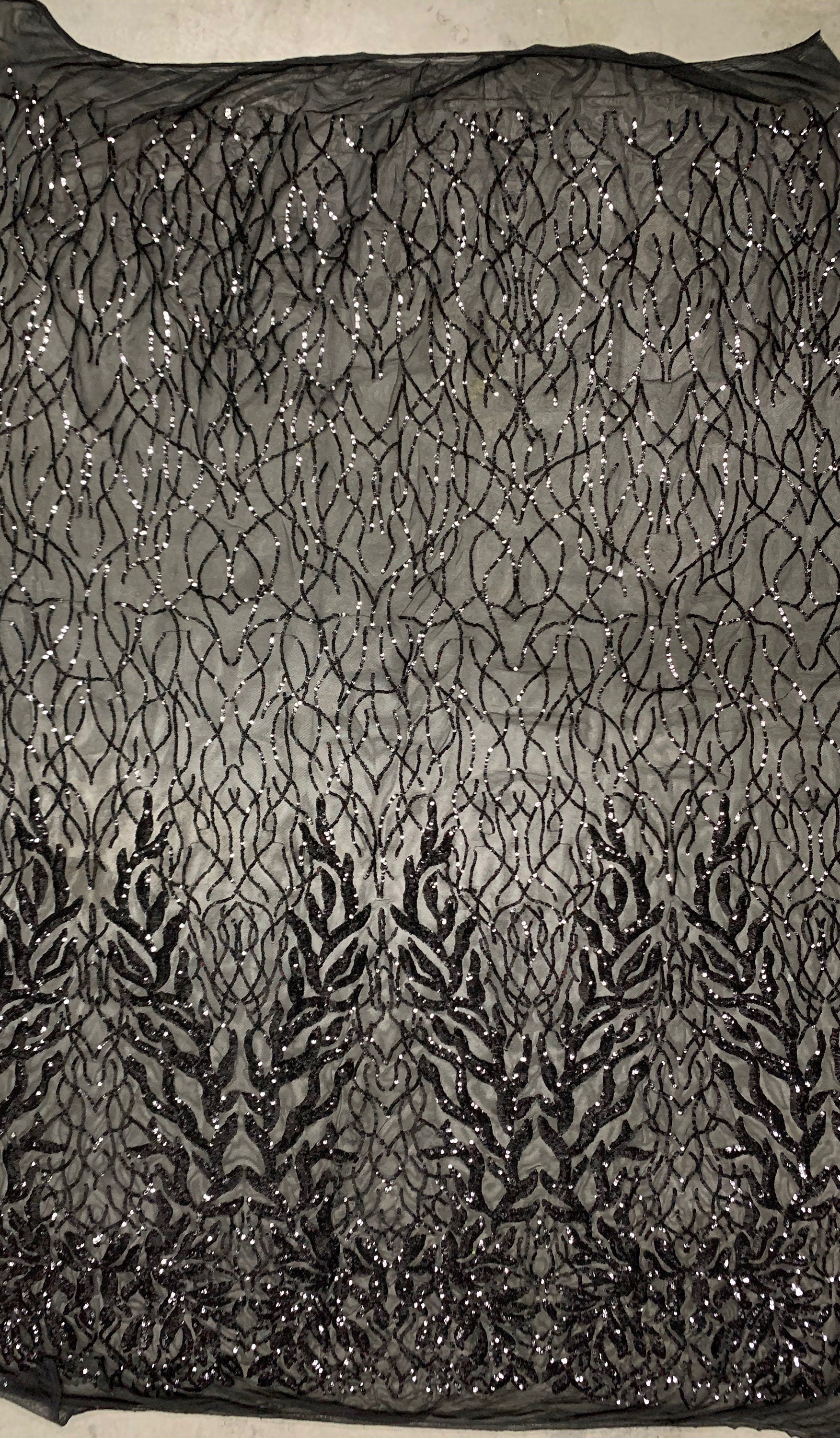 Frances BLACK Vines and Leaves Sequins on BLACK Mesh Lace Fabric by the Yard - 10153