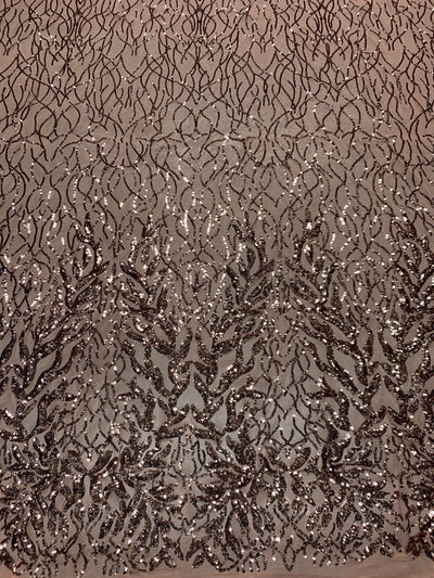 Frances BRONZE Vines and Leaves Sequins on DUSTY PINK Mesh Lace Fabric by the Yard - 10153