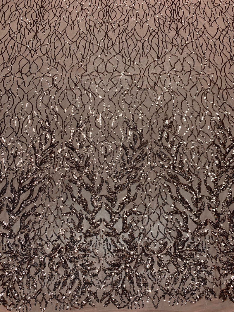 Frances BRONZE Vines and Leaves Sequins on DUSTY PINK Mesh Lace Fabric by the Yard - 10153