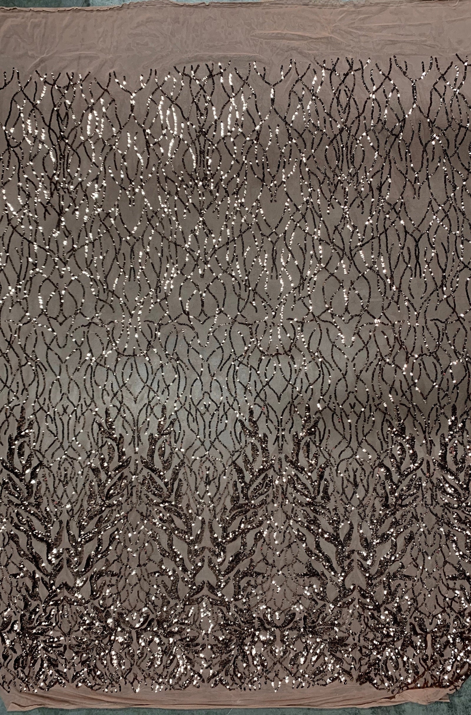 Frances BRONZE Vines and Leaves Sequins on DUSTY PINK Mesh Lace Fabric by the Yard - 10153