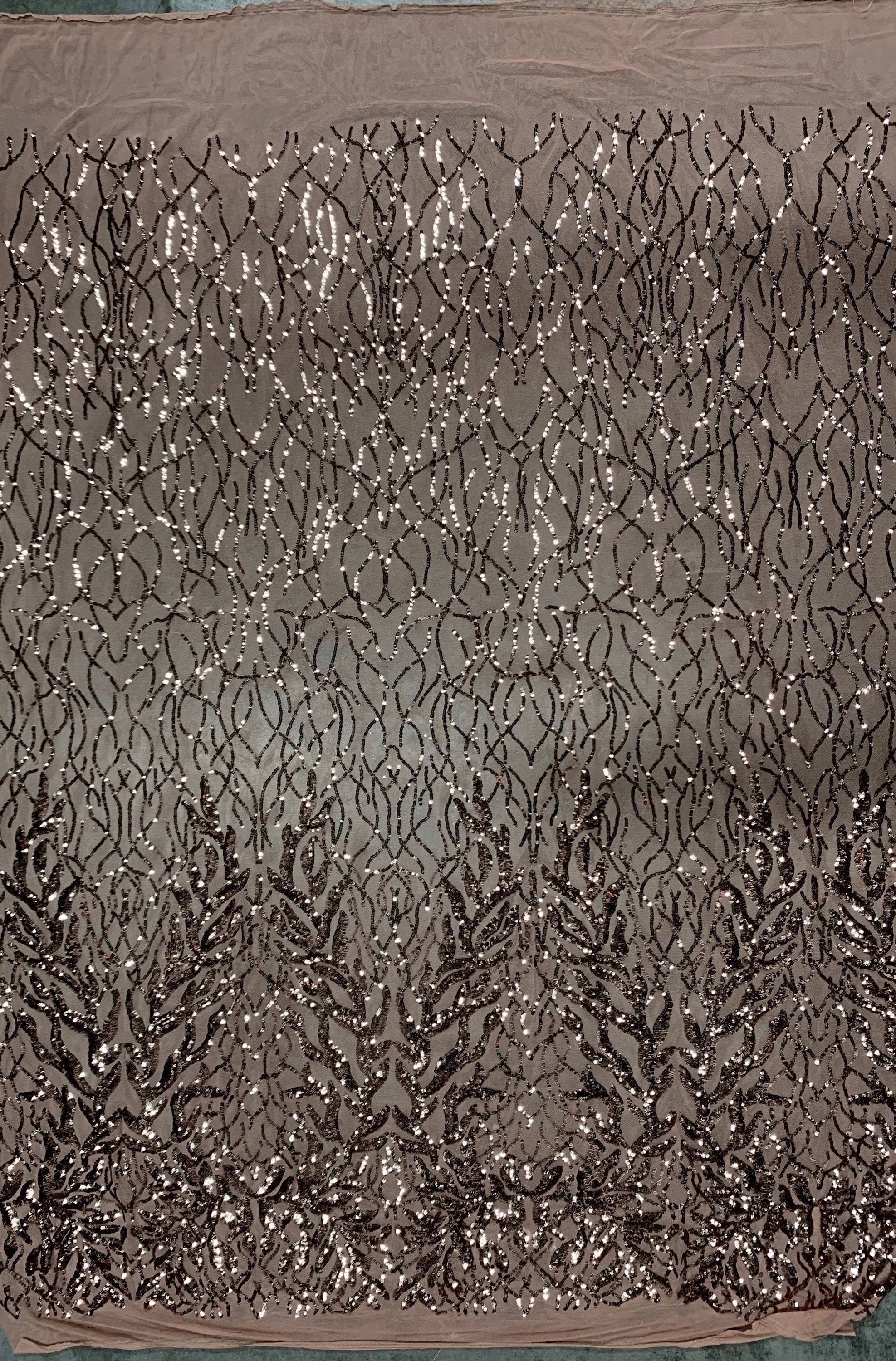 Frances BRONZE Vines and Leaves Sequins on DUSTY PINK Mesh Lace Fabric by the Yard - 10153