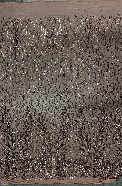 Frances BRONZE Vines and Leaves Sequins on DUSTY PINK Mesh Lace Fabric by the Yard - 10153