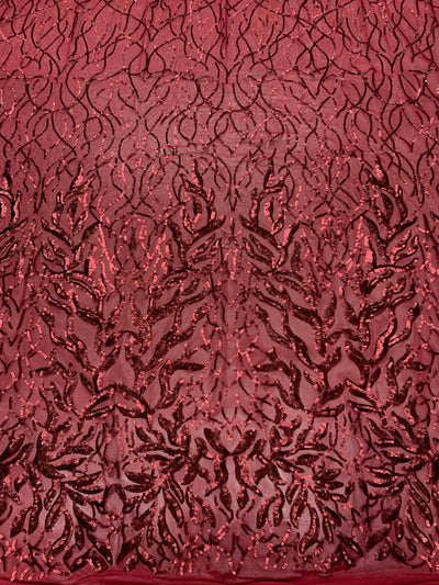 Frances BURGUNDY Vines and Leaves Sequins on Mesh Lace Fabric by the Yard - 10153
