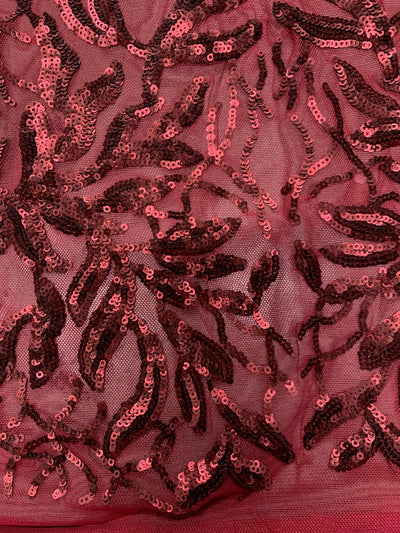 Frances BURGUNDY Vines and Leaves Sequins on Mesh Lace Fabric by the Yard - 10153